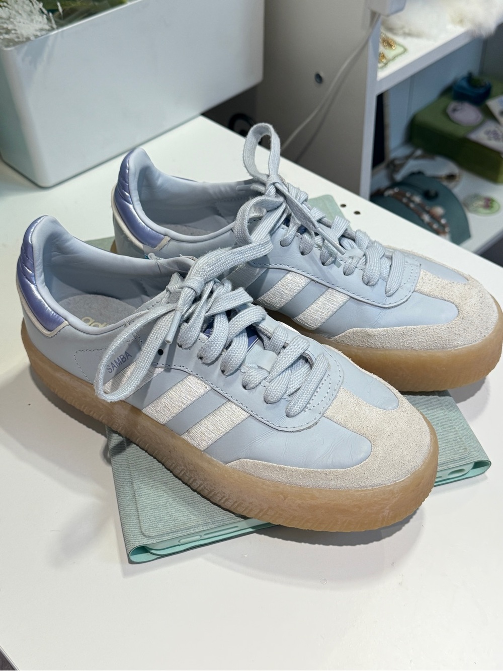 adidas Samba Platform Sneakers - Light Blue/White with Gum Sole